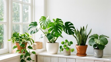 Fototapeta premium A variety of houseplants, including snake plants, pothos, and monstera, are arranged on a white shelf in front of a window with natural light streaming in.