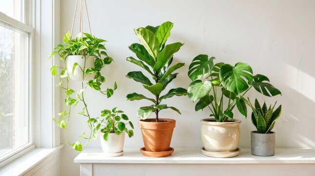 Four houseplants on a white shelf, including a snake plant, a monstera, a fiddle leaf fig, and a pothos plant, with a window in the background.