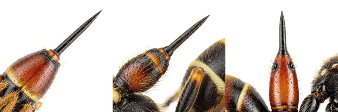 Queen wasp ovipositor detail, Polistes dominula, Vespidae family, paper wasp modified stinger sheath apparatus magnification, terminal gaster intersegmental membranes venom lance tracking