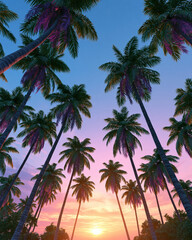 Fototapeta premium Low-angle cinematic upward view of a palm tree grove during a vibrant tropical sunset with a clear starry sky created with Generative AI Technology, ai, generative