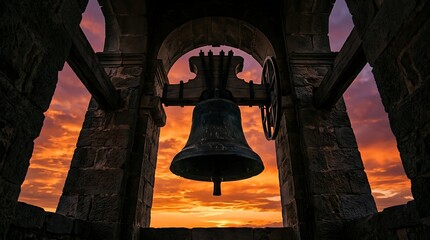 Obraz premium Large church bell in a stone tower silhouetted against a sunset sky