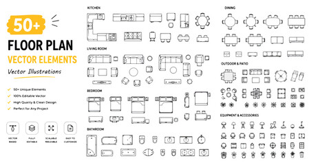 Floor plan vector elements, 50+ architectural furniture symbols for interior design, top view house layout icons for kitchen and living room © ya Allah madad