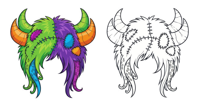 Furry Monster Hat with Horns and Tassels - Color and Outline Versions