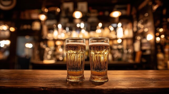 hangout. Two beer glasses on a wooden bar counter with warm lighting and a blurred tavern background. bar promotions, beverage menus, designed for food & beverage menus and cafe branding.