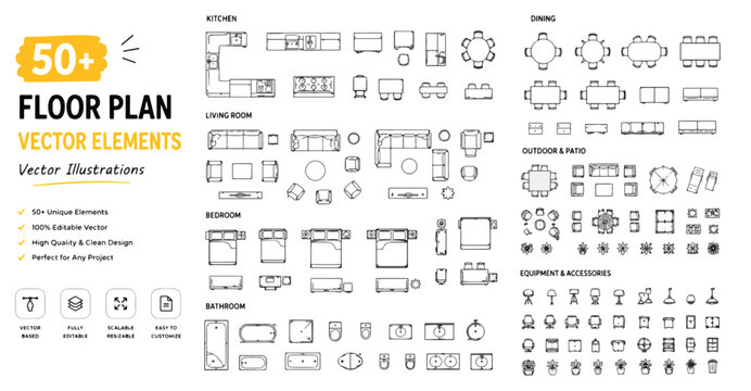 Floor plan vector elements, 50+ architectural furniture symbols for interior design, top view house layout icons for kitchen and living room