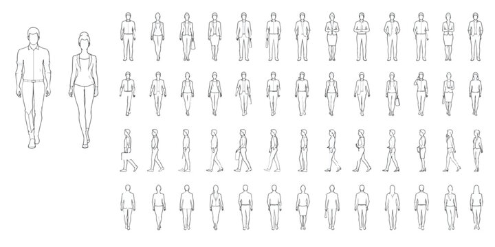 Architectural scale figures in line art style, set of 50 walking people vector silhouettes, minimalist human outlines for floor plans and sections