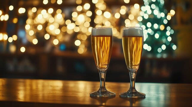 hangout. Two beer glasses on a wooden bar counter with warm lighting and a blurred tavern background. bar promotions, beverage menus, designed for food & beverage menus and cafe branding.