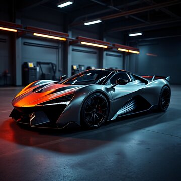Futuristic silver hypercar concept inside modern industrial garage with orange neon lights