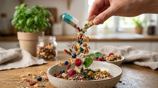 A hand pouring a mixture of seeds, nuts, and berries into a bowl on a wooden table with a blurred kitchen background.