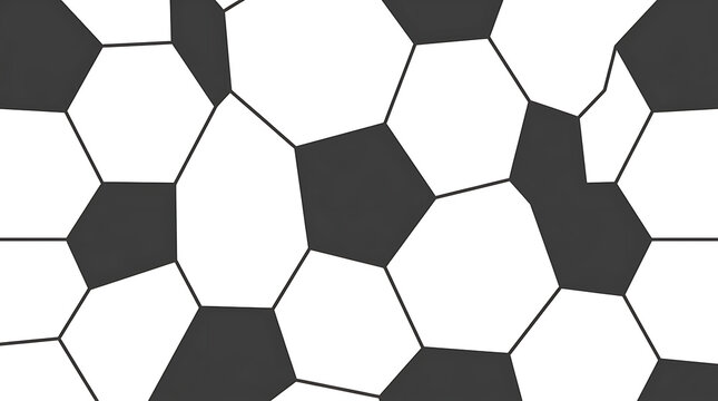 A seamless pattern of a black and white soccer ball texture with repeating hexagonal and pentagonal shapes in a flat style on a white background