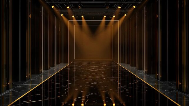 Dark Luxury Runway Stage with Spotlights and Glossy Black Reflection