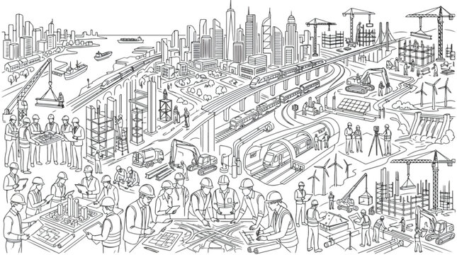 Detailed city infrastructure construction vector, urban development and civil engineering sketch, industrial landscape with workers and machinery