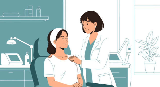Dermatologist examining patient's skin in clinic, skincare consultation, beauty treatment