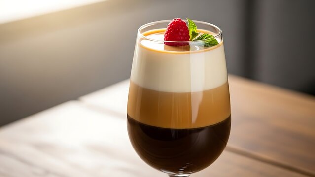 Three-layered gourmet coffee dessert topped with raspberry and mint