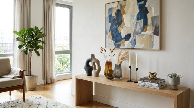 A modern living room with a wooden console table, a large abstract painting, a potted plant, and a beige armchair.