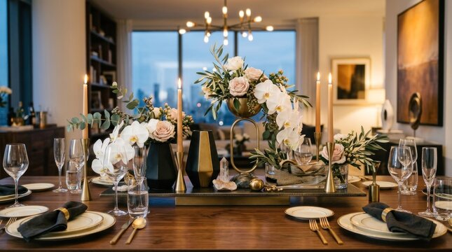 A sophisticated dining table setting with a modern, elegant centerpiece featuring white orchids and candles, complemented by a wooden table and elegant tableware.