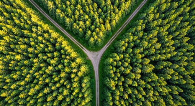Aerial View of a Forest Crossroads With Three Paths Diverging Amidst Verdant Coniferous Trees