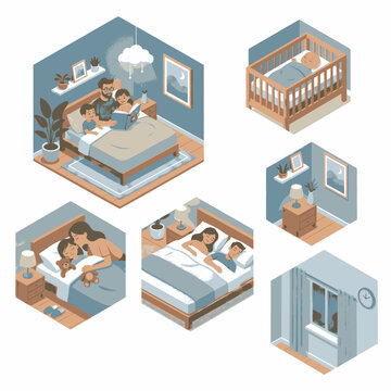 Cozy bedroom scenes depicting family bedtime routines, sleep, and peaceful moments.