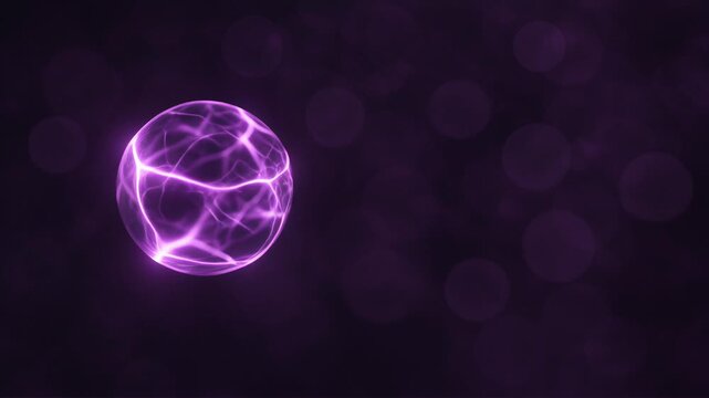暗い背景に浮かぶ紫色のプラズマエネルギーの球体と光のボケ、科学やテクノロジーのコンセプトイメージ