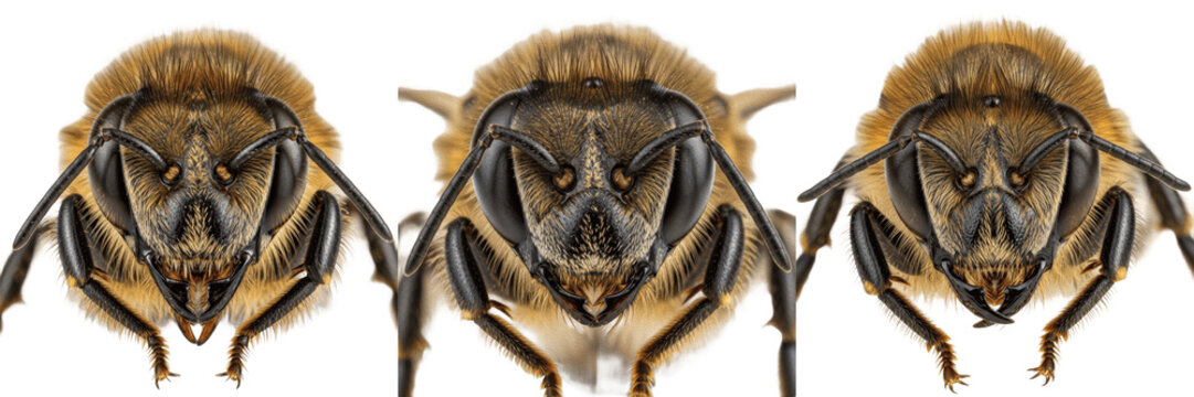 Queen bee extreme close-up head, Apis mellifera, Apidae family, honeybee reproductive female facial mask ommatidia grid magnification, vertex ocelli lens, clypeus hair setulae alignment