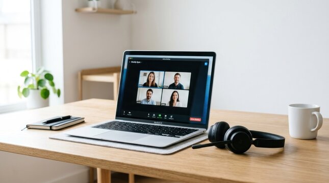 A laptop with a video call interface on a wooden desk, featuring four people in a virtual meeting.
