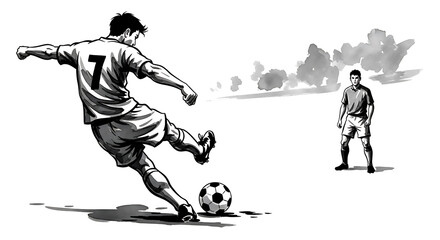 Fototapeta premium Black and white ink of a soccer player kicking a ball towards a goalkeeper on a white background, sports competition scene