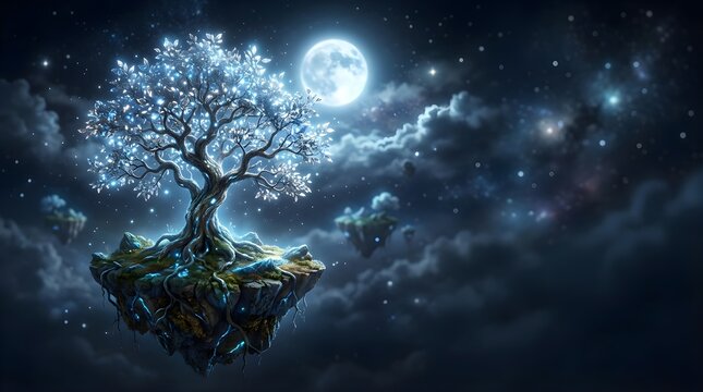 Glowing Magical Tree on a Floating Island Under a Full Moon at Night