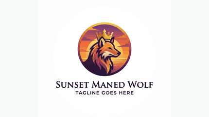 Sunset maned wolf logo with a wolf wearing a golden crown against a sun. © aseenz imagine