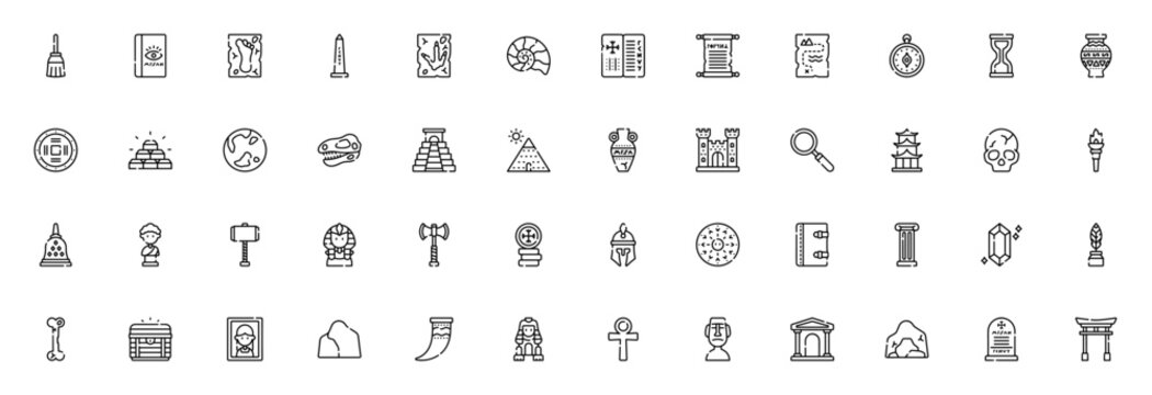 History icon set. Minimal thin line web icons. Historical vector pack. Featuring ancient scroll, pyramid, sphinx, treasure map, compass, hourglass, amphora, castle and more. Editable stroke.