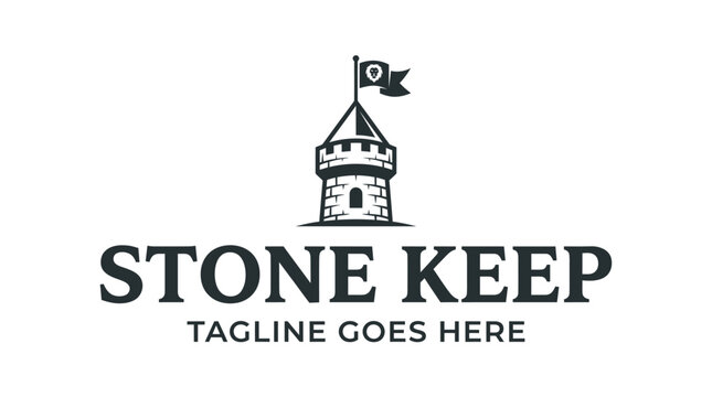 Stone keep logo featuring a black and white medieval castle tower with a flag.
