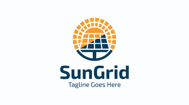 SunGrid solar energy logo design with sun and solar panel icon.