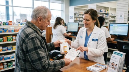Fototapeta premium A pharmacist assisting an elderly man in a pharmacy, with a variety of medication and health-related literature on display.