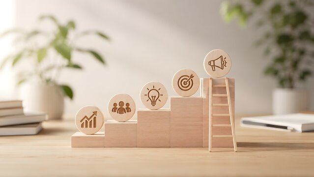 Wooden blocks forming stairs with business icons and a ladder representing marketing growth and career progression