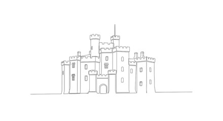 Naklejka premium Minimalist Castle Line Drawing, Medieval Fortress Outline, Isolated White Background