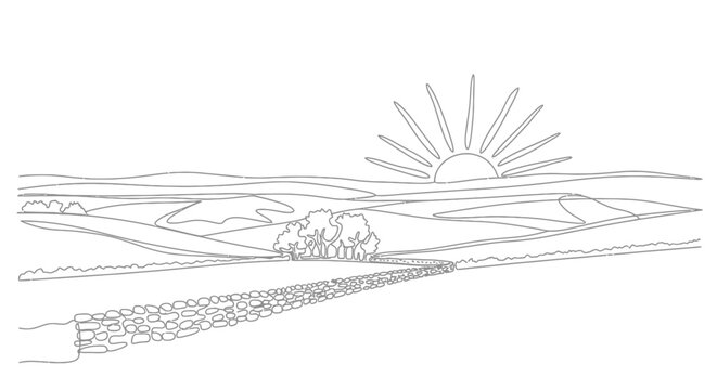 Sunrise over rolling countryside with stone path and trees, line art