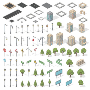 Isometric City Elements: Roads, Buildings, Trees, Streetlights, Signs