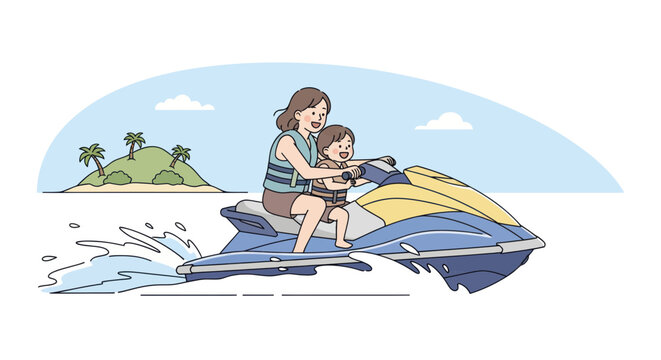 Mother and child enjoying a jet ski ride on a sunny day near a tropical island