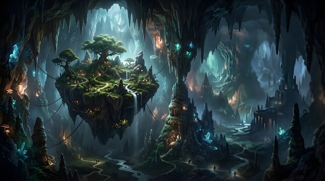 Magical floating island with waterfalls inside a luminous crystal cavern