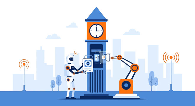Robot and robotic arm installing smart technology on a clock tower in a futuristic city