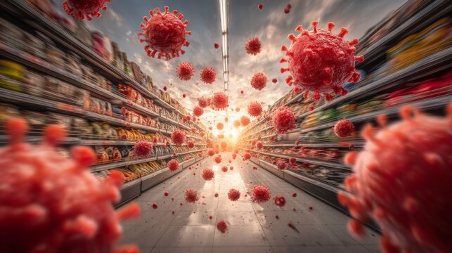 Viral Particles Floating in Store Aisle Illustration with Sunlight