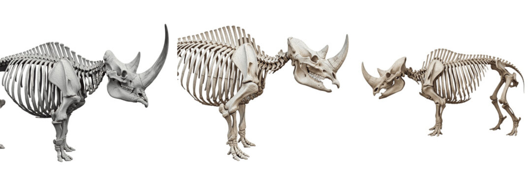Rhinoceros skeleton, Diceros bicornis, thick bone structure with horn base, side profile scientific view, Rhinocerotidae perissodactyl osteology, ceratomorph graviproportal skeletal framework map