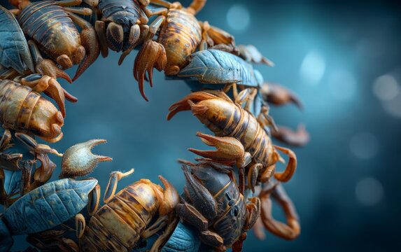 Close-up of cicadas and exoskeletons on plant stem in nature