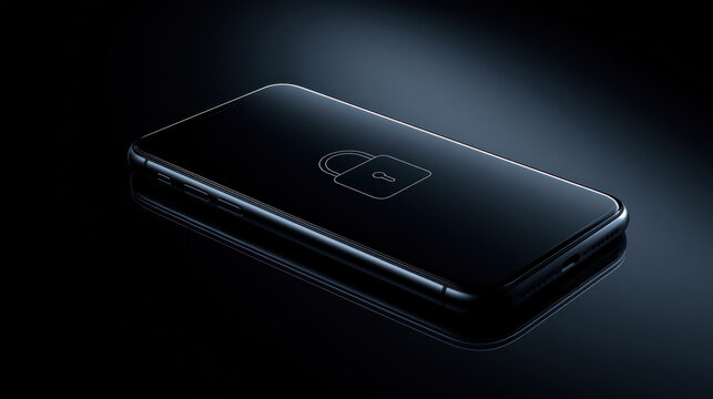 Smartphone lock screen dark glass table black device security technology close up reflection minimal modern phone lying dark glass table with lock.