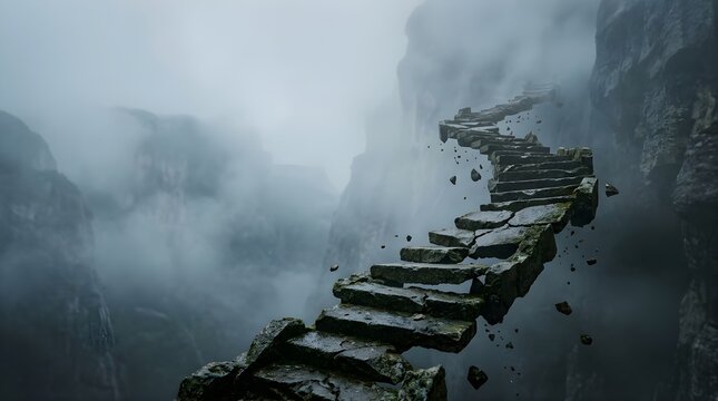 Stone stairs floating in misty mountains representing a surreal journey