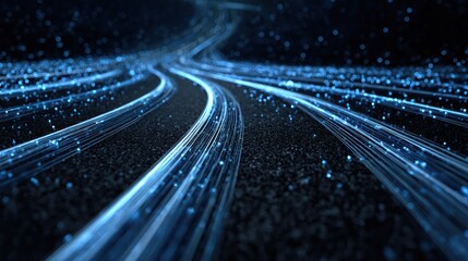 Fototapeta premium Glowing streams of light energy travel along dark, textured pathways into the distance