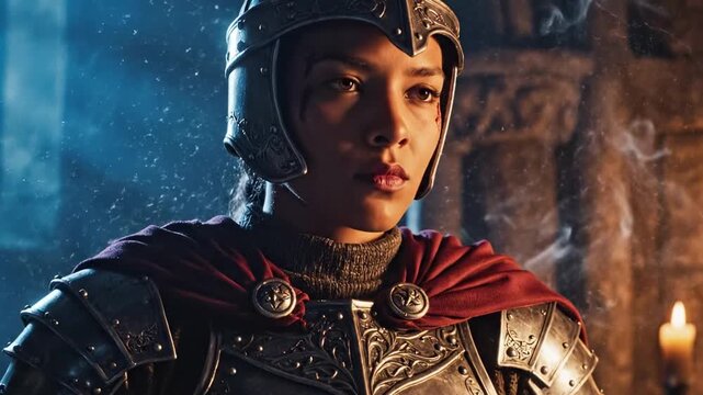 Helmeted female knight portrait beside candlelit stone wall, red cape over engraved armor, calm determined gaze, drifting snow at window, medieval fantasy guard mood with warm cold contrast.