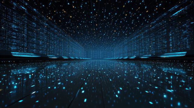 Futuristic digital landscape with glowing blue lights and reflective surfaces creates mesmerizing atmosphere. scene evokes sense of advanced technology and infinite possibilities