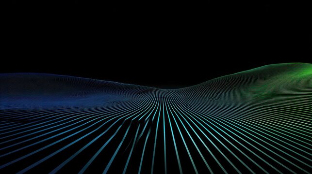 Digital abstract landscape displays flowing lines with blue and green illumination against a dark background