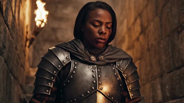 Black female knight in torchlit stone corridor wearing rounded steel armor and grey cloak, serious scarred face, warm wall shadows, medieval stronghold patrol portrait with dignified power, calm