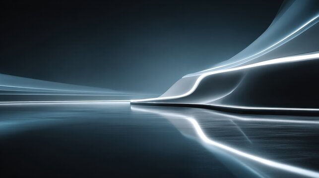 Sleek futuristic architecture features glowing neon lines illuminating a dark reflective floor